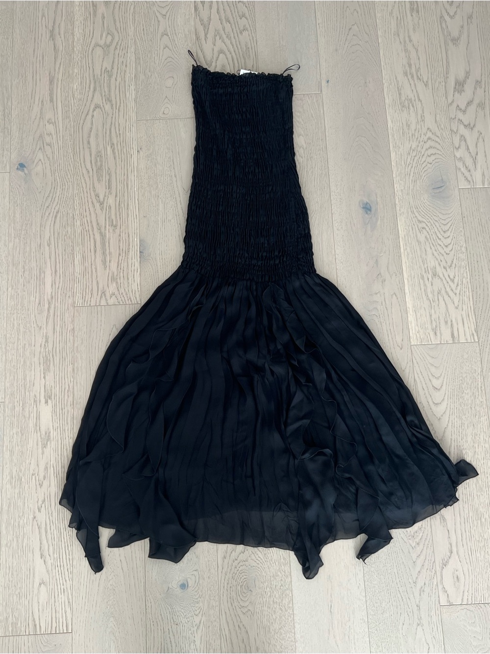 Zara Black Strapless Smocked Bodice Flowing Midi Dress